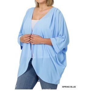 #0411  Plus Spring Blue Woven Chiffon Cardigan with Shoulder Pleat Sizes 1X-3X